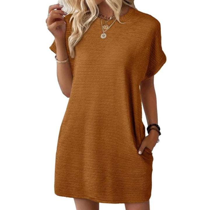 Back view of the Vivid ribbed crew neck mini dress in Dark Brown