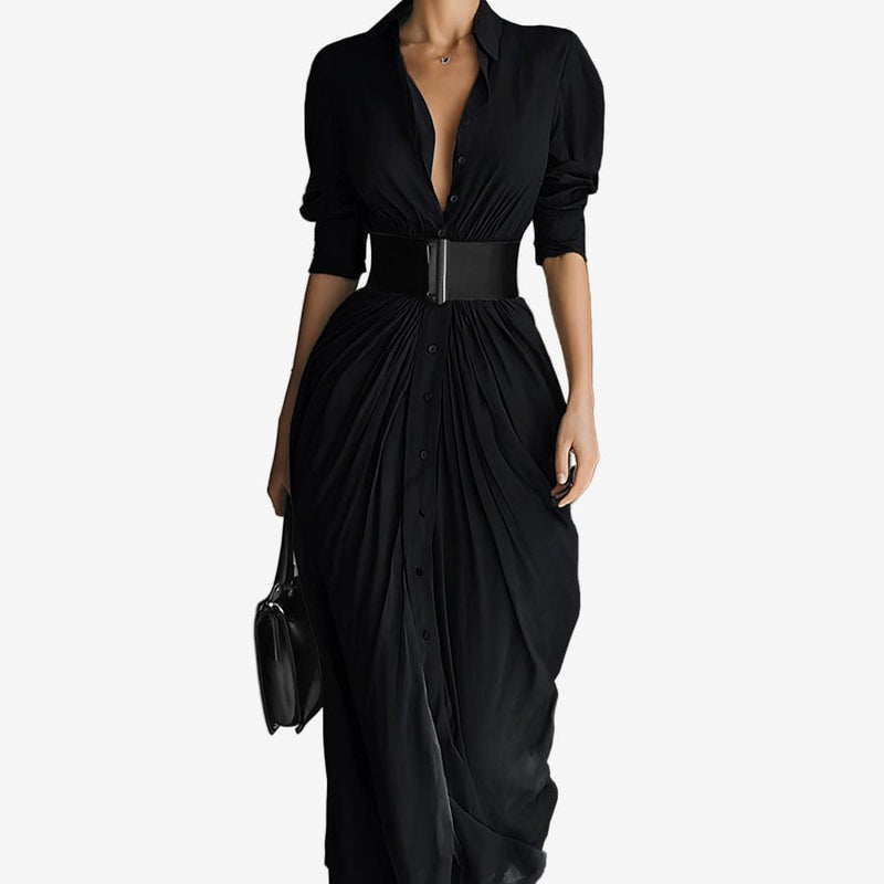 Side view of the Waverly long sleeve dress highlighting the flattering skirt and overall length