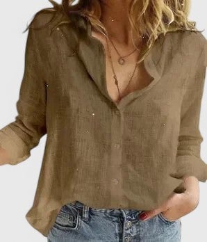 Floral V-neck blouse in gray, front view on model