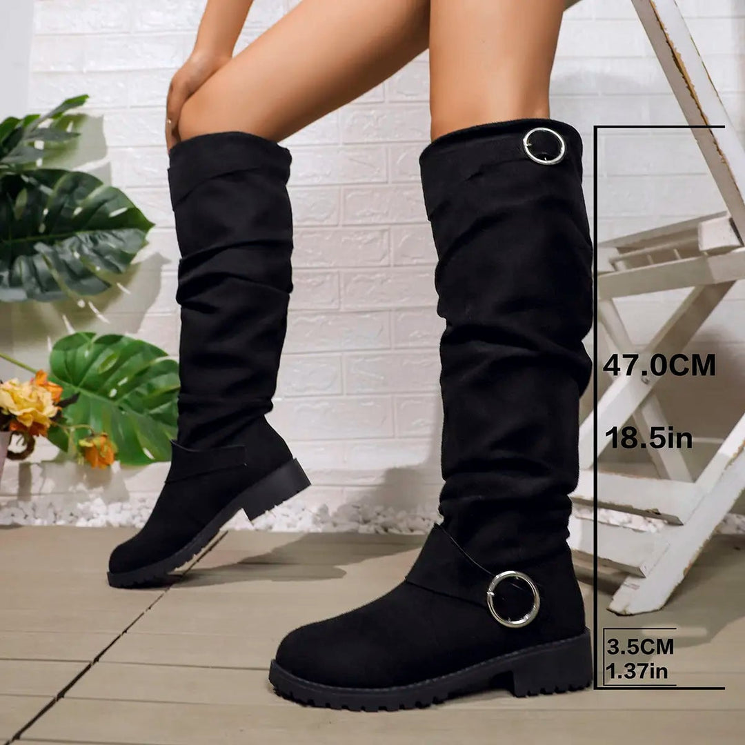 Front view of BobaFashion Wyn knee high boots in black with a sleek, elongated silhouette