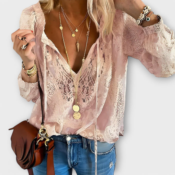 Back view of the Zeleste lace blouse showing relaxed boho fit and flowing silhouette