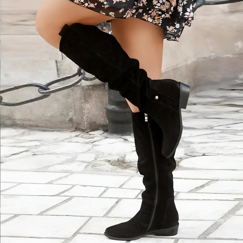 Close-up of soft suede texture on knee-high boot upper in yellow brown
