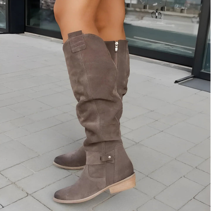 BobaFashion suede knee-high boot sole and heel detail showing supportive construction