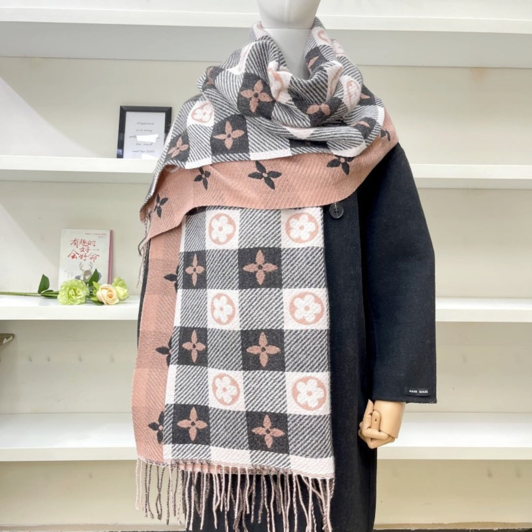 Side-by-side color comparison of available plaid scarf colorways laid flat